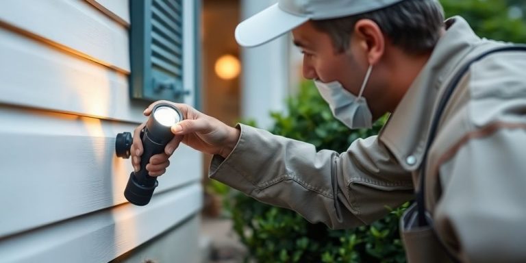 Pest control technician inspecting home.